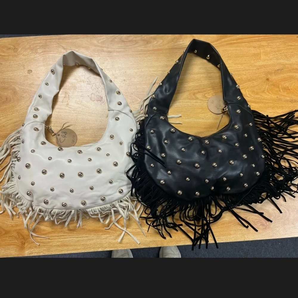 Studded Black and White Fringe Shoulder Bags